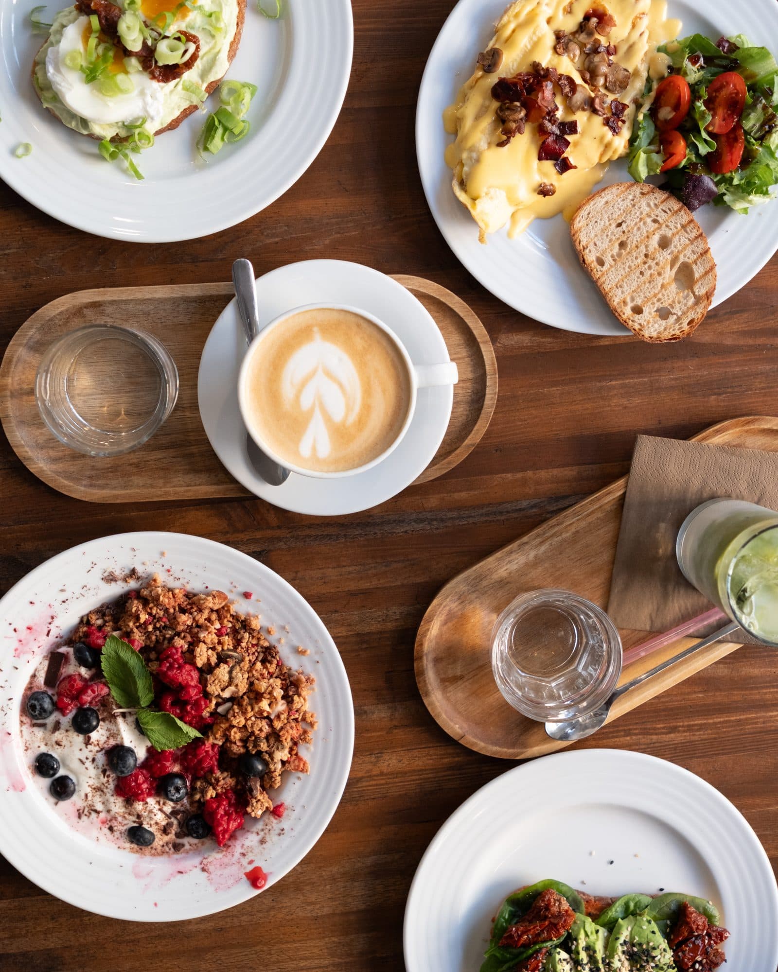 Brunch from above: omelette, granola with fruit, toast, cappuccino and matcha